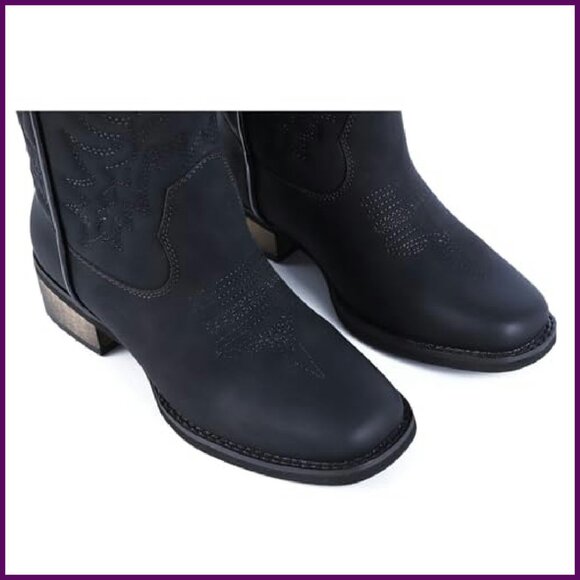 Women's Square Toe Wide Calf Cowboy Boots Low Heel Mid Calf Booties - Picture 5 of 8